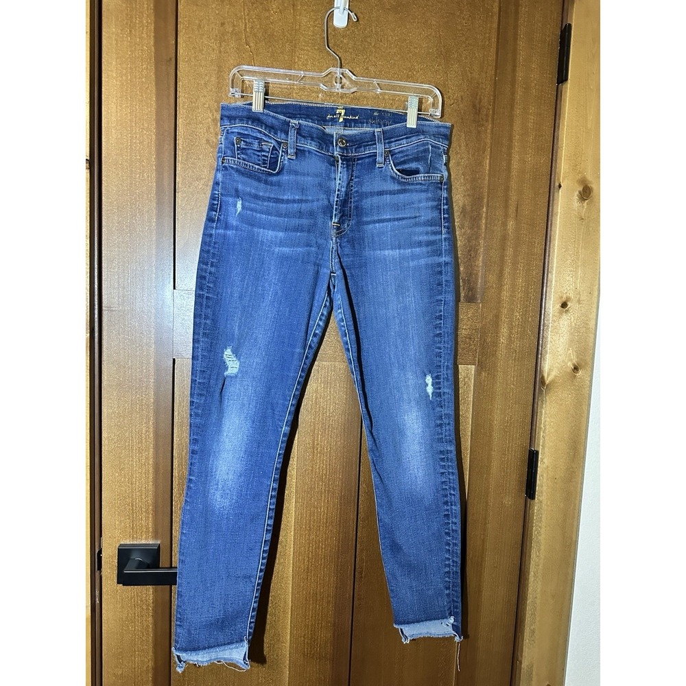 7 For All Mankind The Skinny Jeans Women's 29 Distressed Raw Hem Ankle Blue